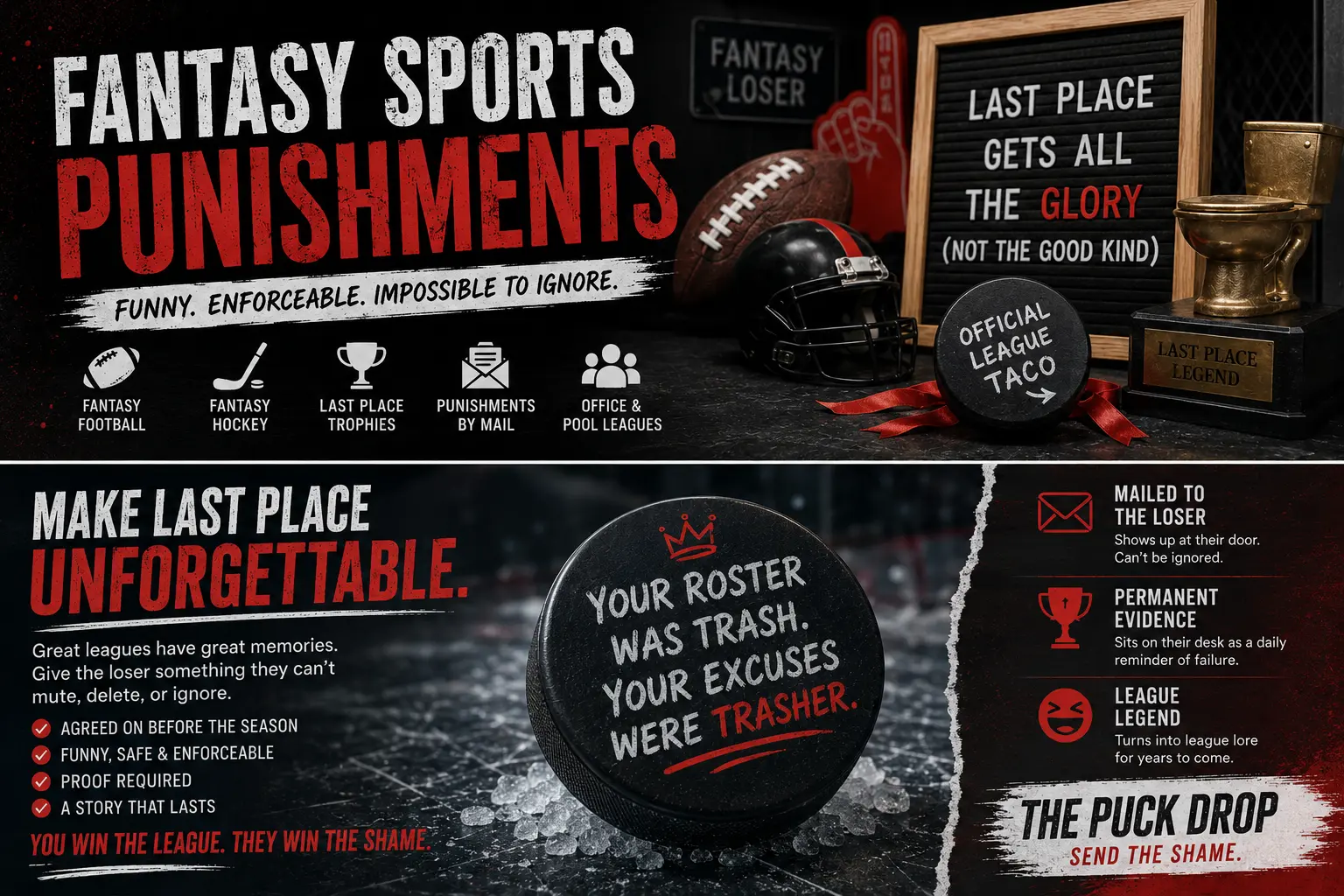 Fantasy sports punishments graphic with football, hockey puck, last place trophy, office pool, and Puck Drop prank mail