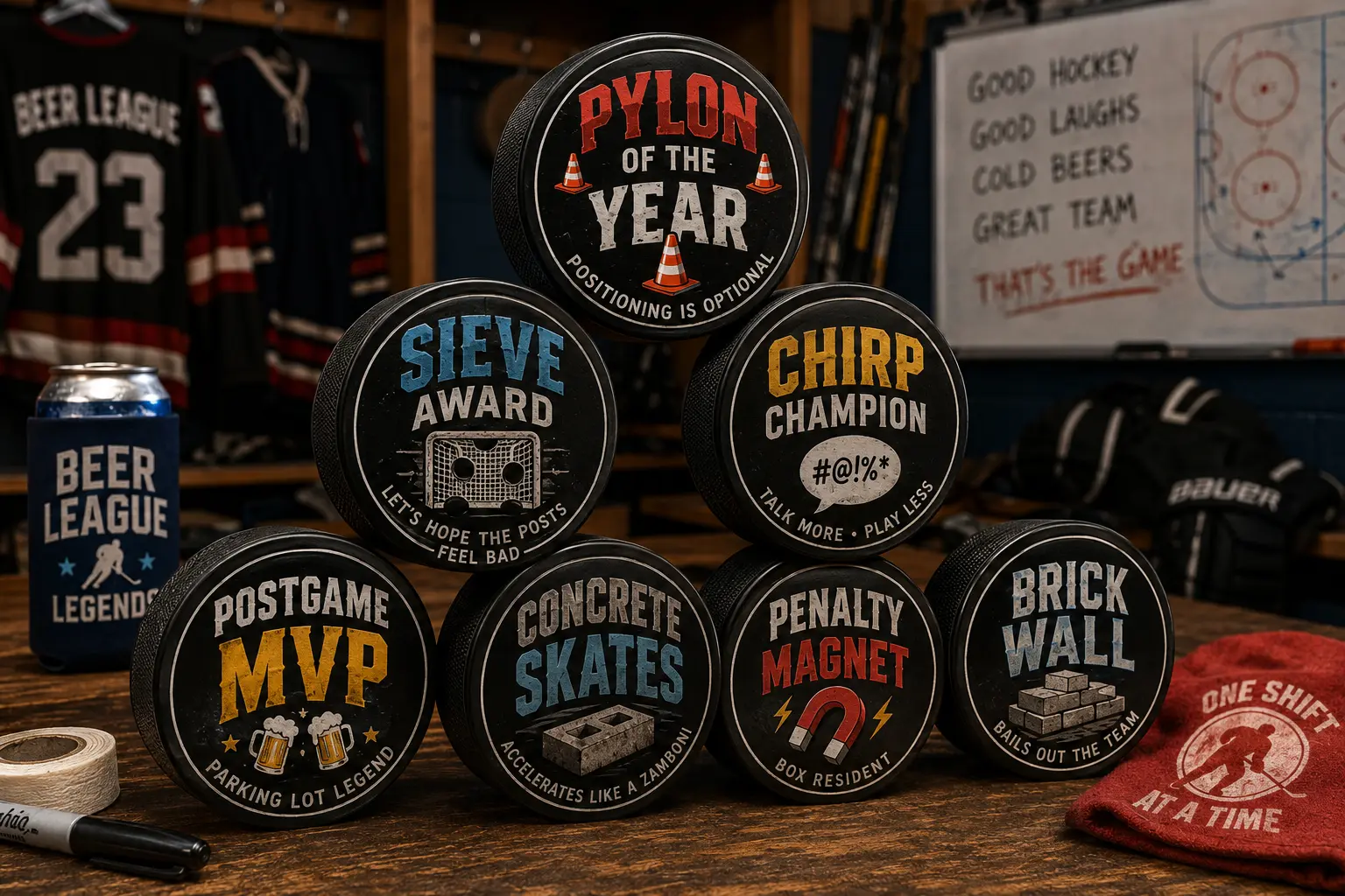 Funny beer league hockey awards custom puck ideas including Team MVP, Best Chirper, and personalized hockey puck awards.