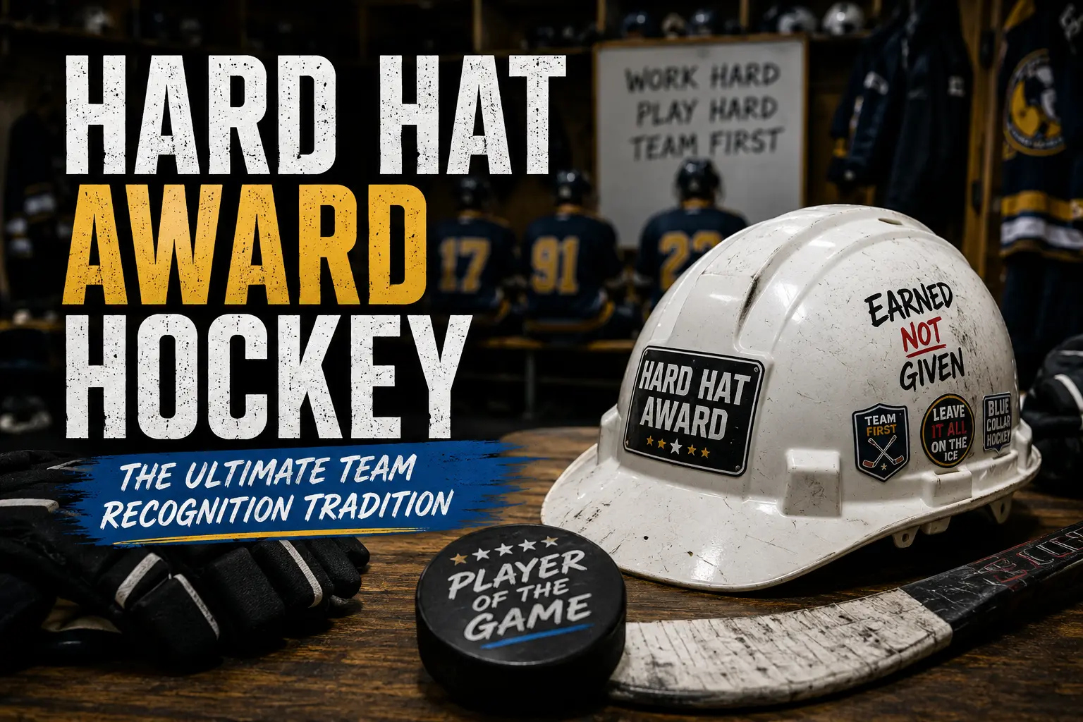 Hard hat award hockey tradition with a construction helmet, player of the game puck and hockey locker room recognition items.