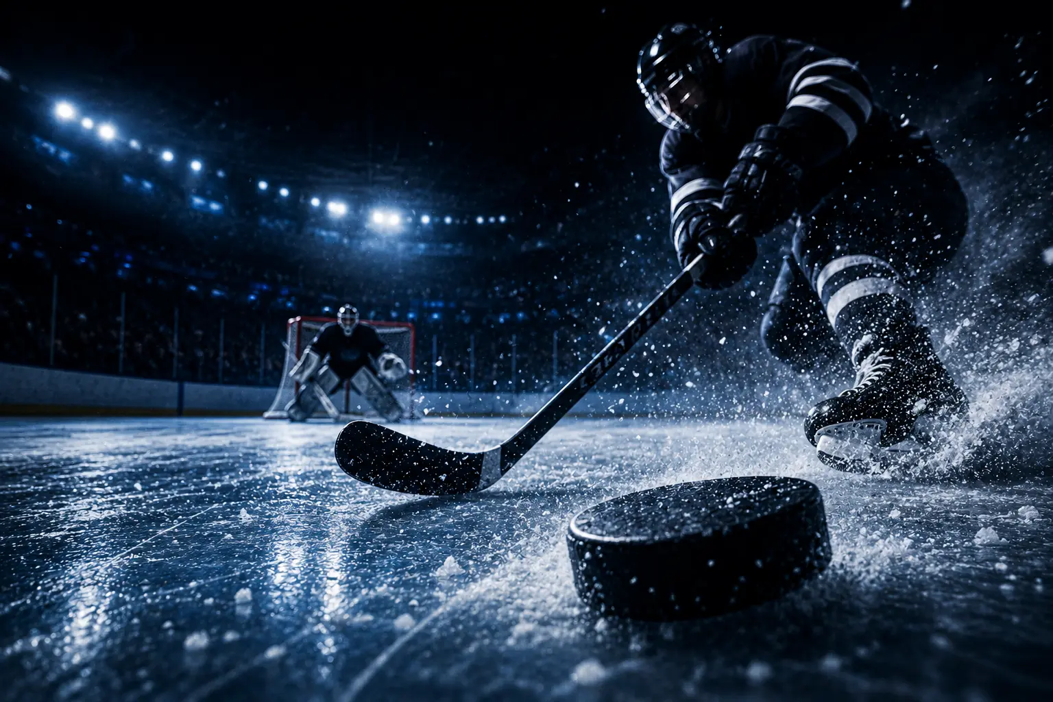 Hockey player shooting a puck during a game with goalie in net and arena lights in the background.