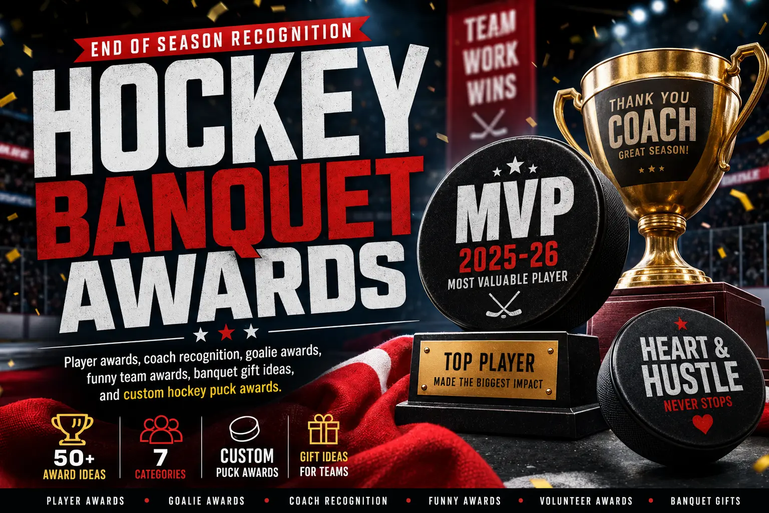 Custom hockey puck awards for hockey banquet awards and end of season team recognition.