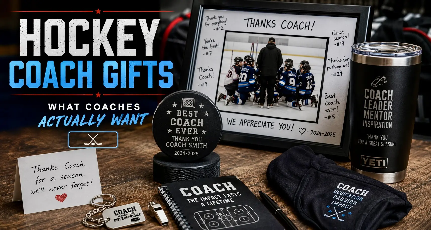 Hockey coach gifts including custom hockey pucks, signed team photos, tumblers, and end of season coach appreciation keepsakes.