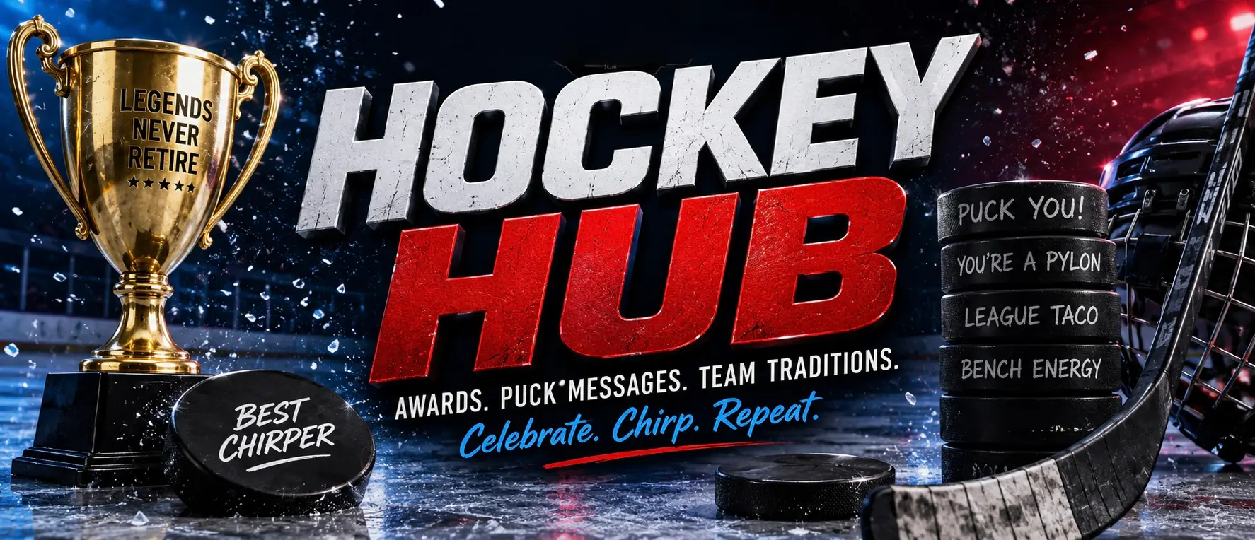 Hockey Hub featuring hockey awards, puck messages, team traditions, fantasy hockey punishments, coach gifts, chirps, and player recognition ideas.