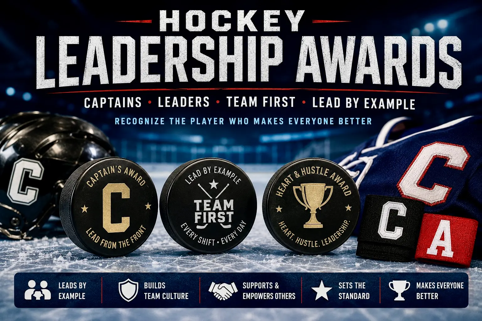 Hockey leadership awards for captains, assistant captains, team-first players, lead by example awards, and custom puck recognition.
