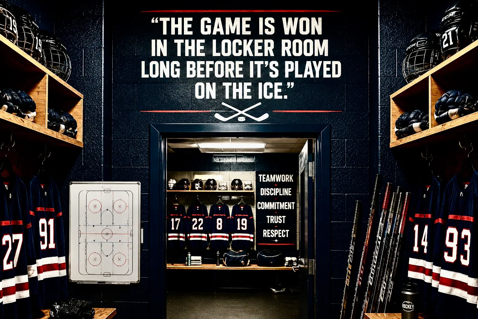 Inspirational hockey locker room quote displayed above the locker room door