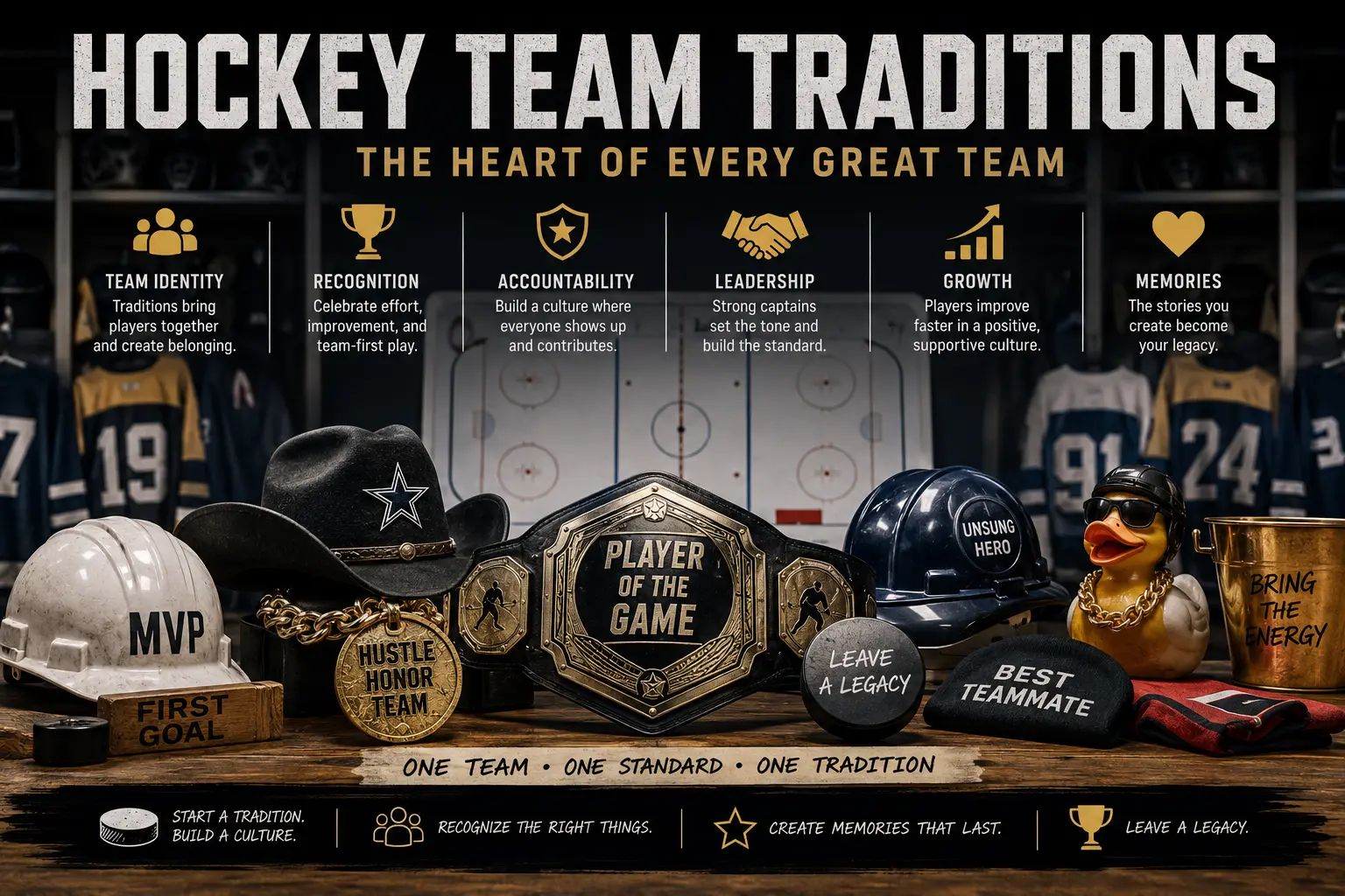 Hockey team traditions graphic with player of the game awards, MVP awards, team culture symbols and locker room recognition ideas.