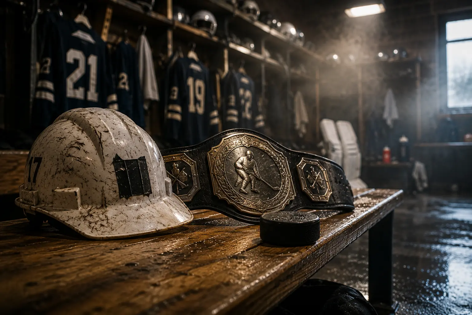 Hockey player of the game awards with a hard hat, championship belt and puck in a hockey locker room.