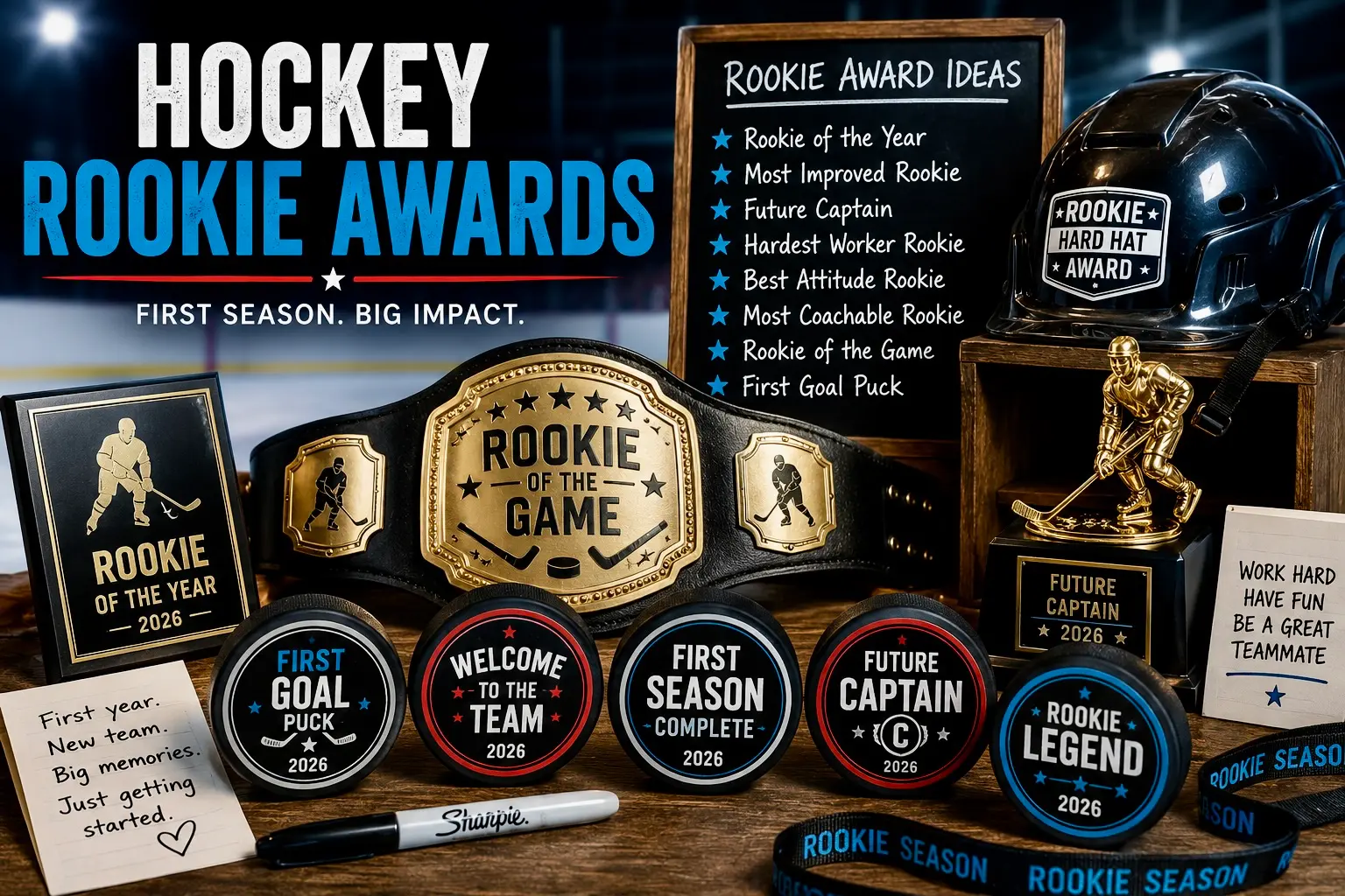 Hockey rookie awards ideas featuring rookie of the year trophies, player recognition awards, hard hat traditions, championship belt, and custom hockey puck awards.