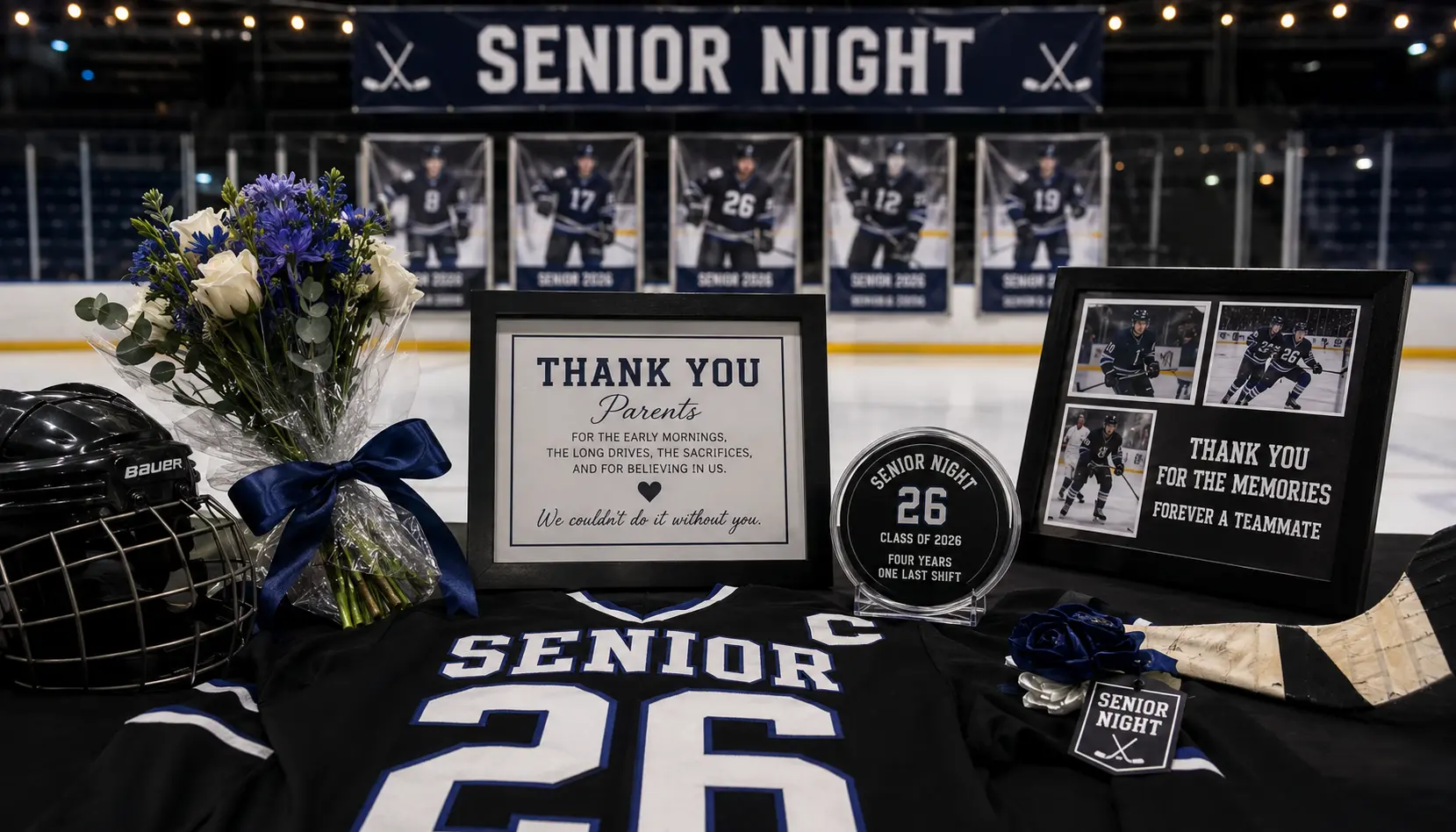 Hockey senior night ideas with team recognition awards, custom puck messages, player gifts, and end of season traditions.