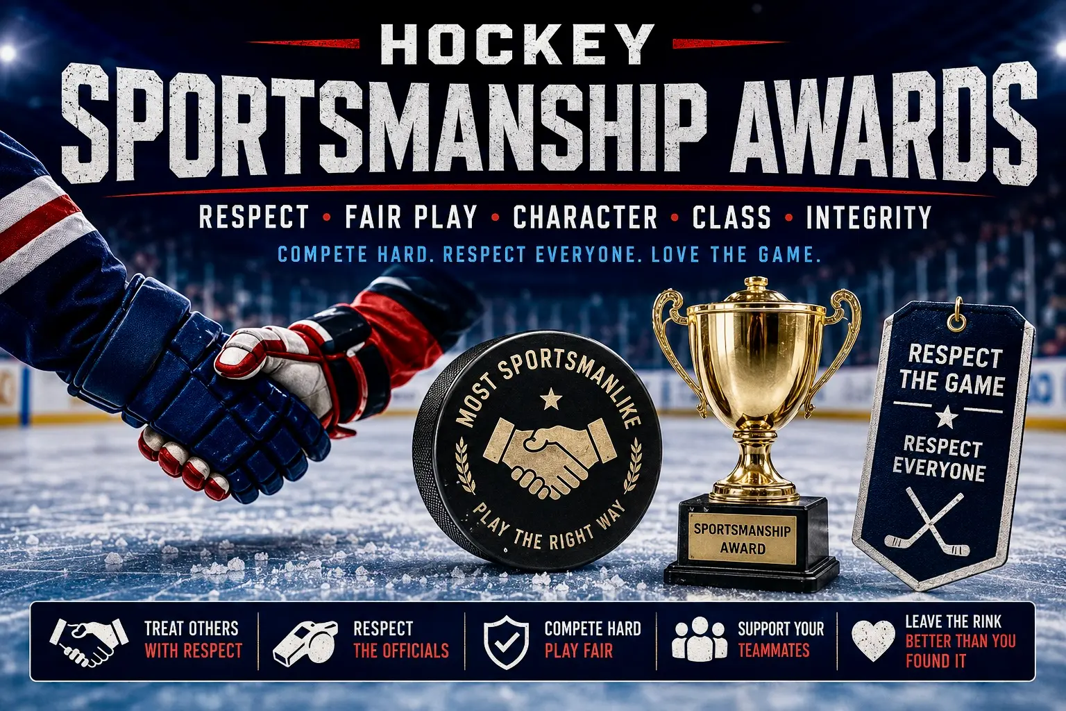 Hockey sportsmanship awards for most sportsmanlike players, respect awards, fair play awards, team character, and custom puck recognition.