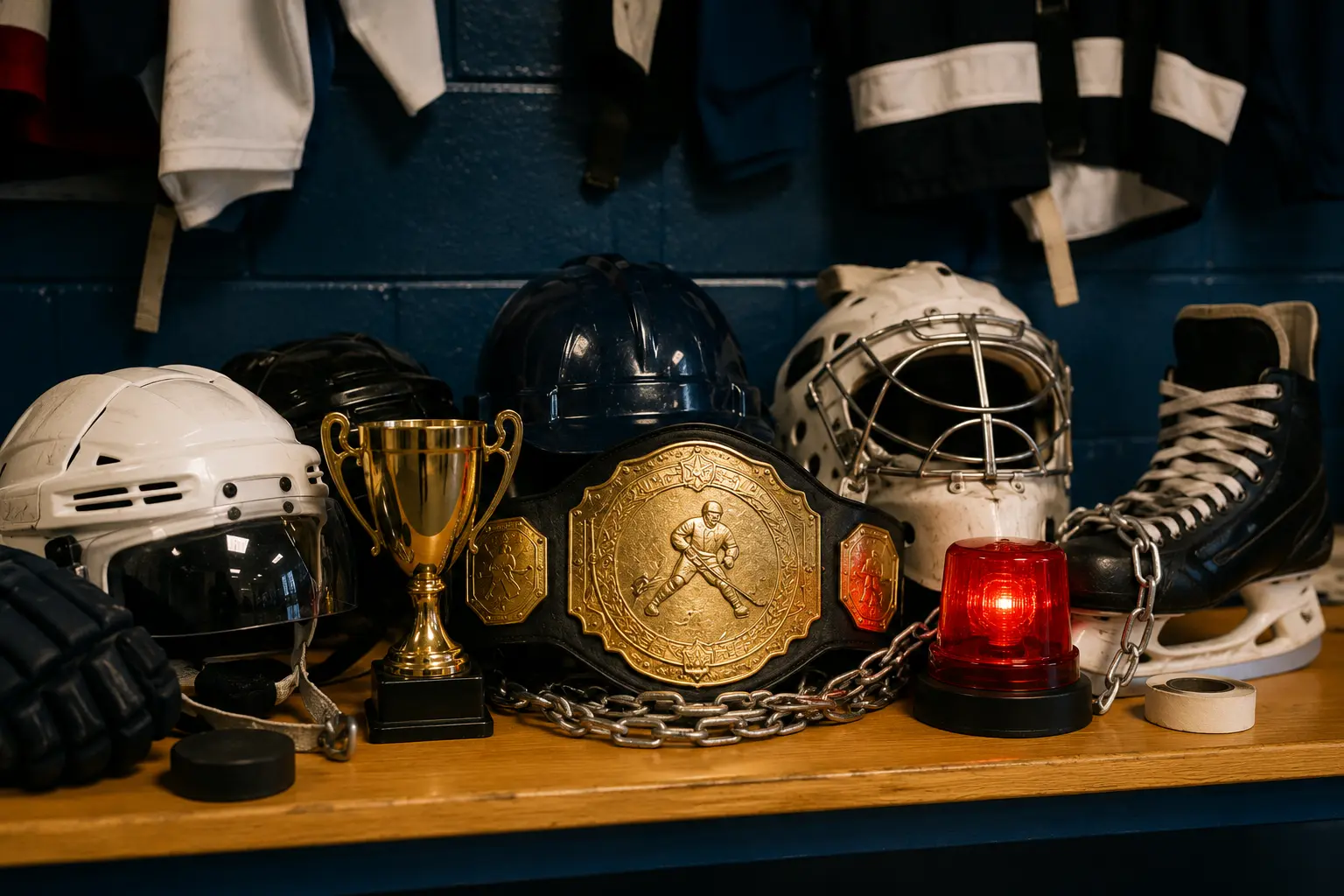 Collection of hockey team awards including a championship belt, trophy, chain, helmets and locker room recognition items.