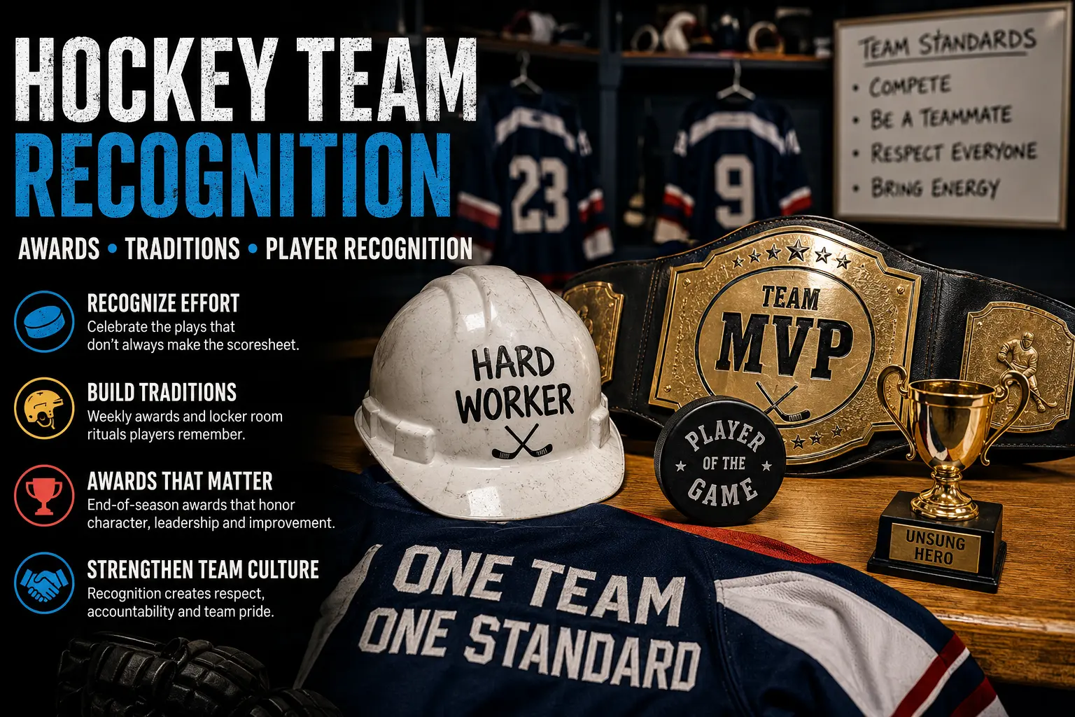 Hockey team recognition ideas graphic with player of the game puck, hard hat award, MVP belt and team awards in a hockey locker room.