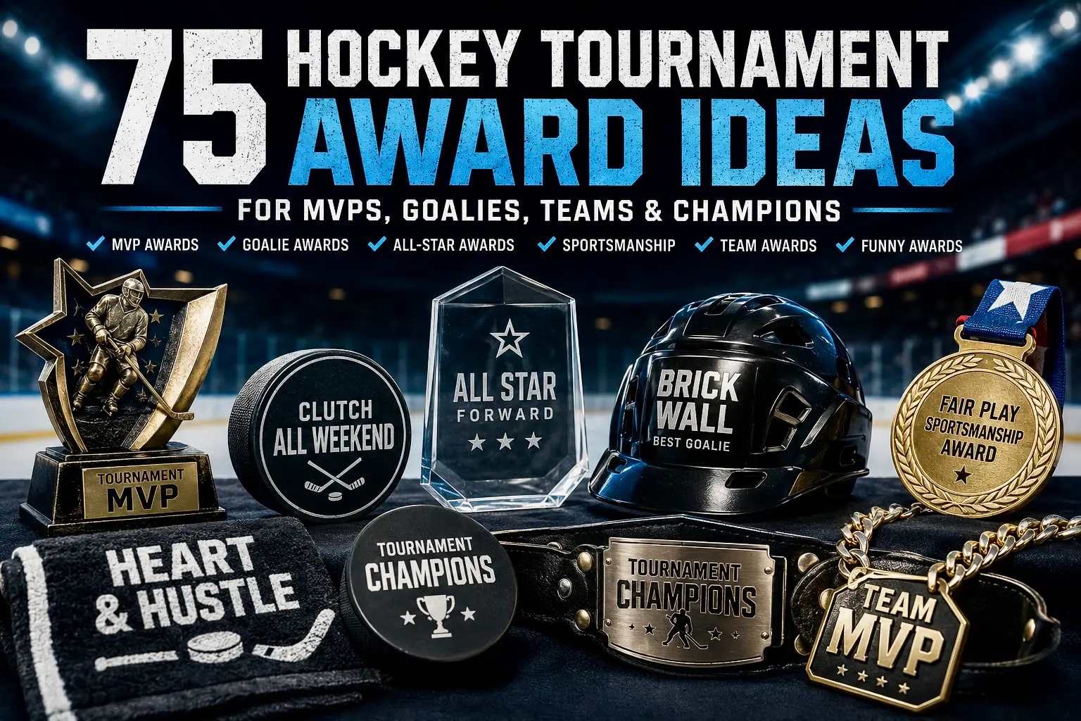 Hockey tournament award ideas for MVPs, goalies, all-stars, sportsmanship awards, youth hockey teams, and custom puck recognition.