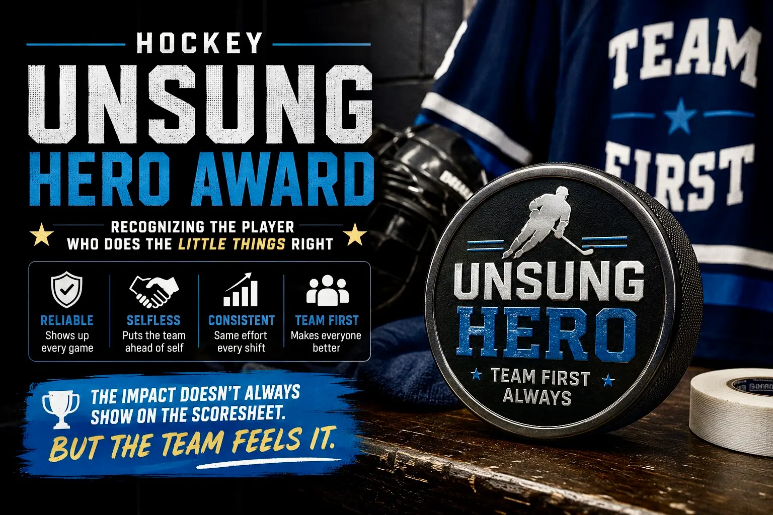 Hockey unsung hero award ideas with team recognition awards, locker room culture and player achievement items.