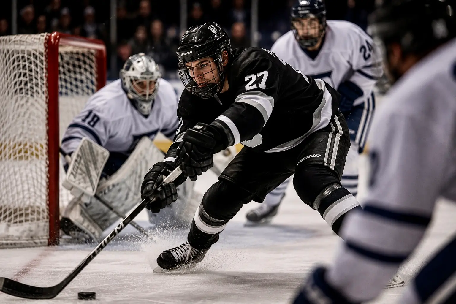 Hockey player battling hard in front of the net demonstrating the qualities of an unsung hero.