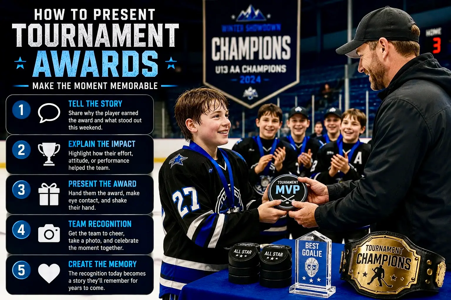 Coach presenting a tournament MVP hockey puck award to a youth hockey player during a championship tournament awards ceremony.