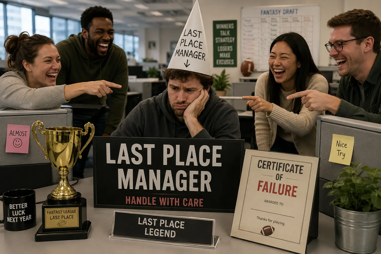 Office safe prank setup with a harmless last place manager desk sign