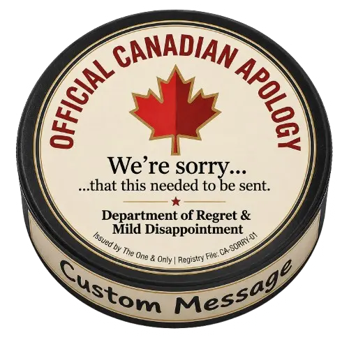 Official Canadian Apology hockey puck with custom message edge and Canadian maple leaf design