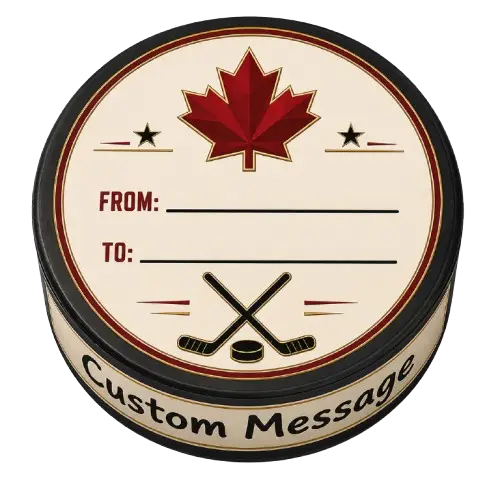 Personal Message hockey puck with customizable from and to fields and maple leaf design