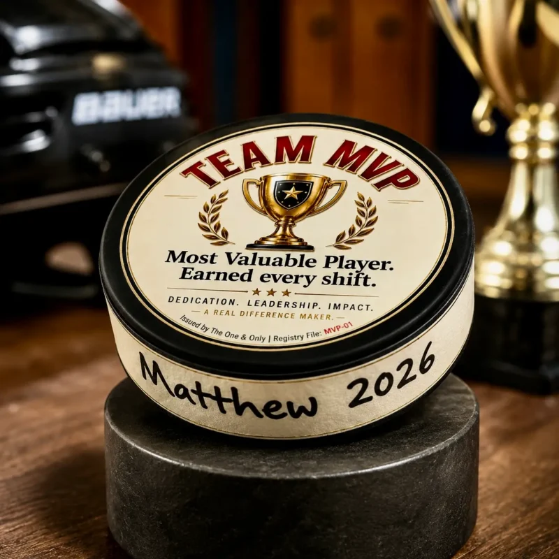 Team MVP hockey puck award with custom player name and year displayed beside championship trophies.