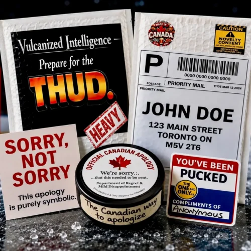 The Puck Drop official Canadian apology hockey puck kit with prank mailer, Sorry Not Sorry card, You’ve Been Pucked card, and anonymous shipping label.