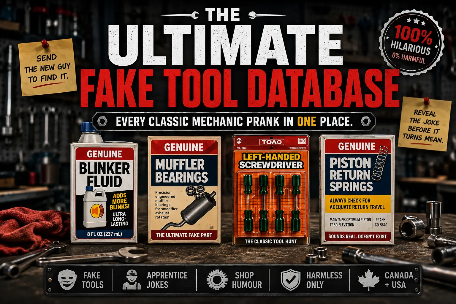 Ultimate mechanic prank kit with blinker fluid, muffler bearings, piston return springs, and left-handed screwdriver fake tools