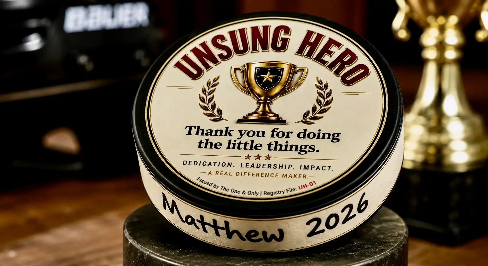 Custom hockey puck award that can be used for an unsung hero message, team first award or player recognition gift.