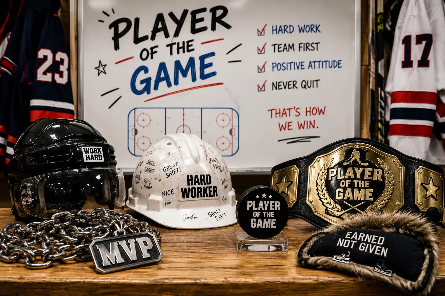 Weekly hockey player of the game awards featuring MVP belt, hockey puck trophy, hard hat award, and locker room team recognition traditions.