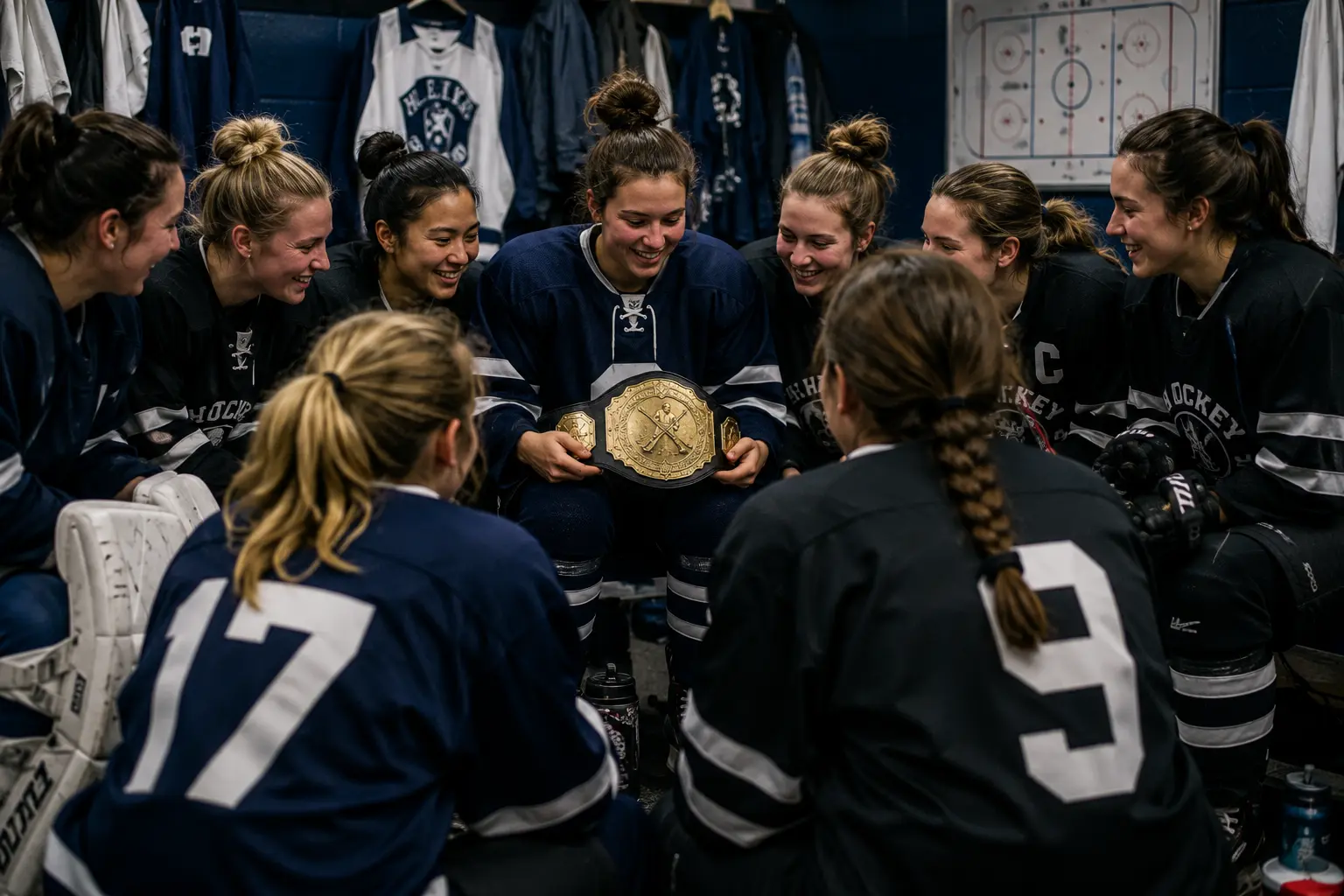Women’s hockey team gathered in a locker room around a player of the game award belt.