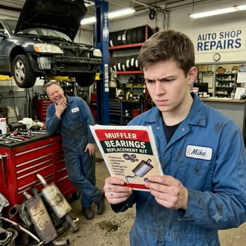 Mechanic examining a fake muffler bearings replacement kit while another mechanic laughs