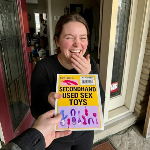 Woman laughing after receiving an embarrassing secondhand sex toys prank package