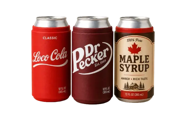 Loco Cola, Dr Pecker and Maple Syrup silicone beer can disguise sleeves for standard 355 mL cans