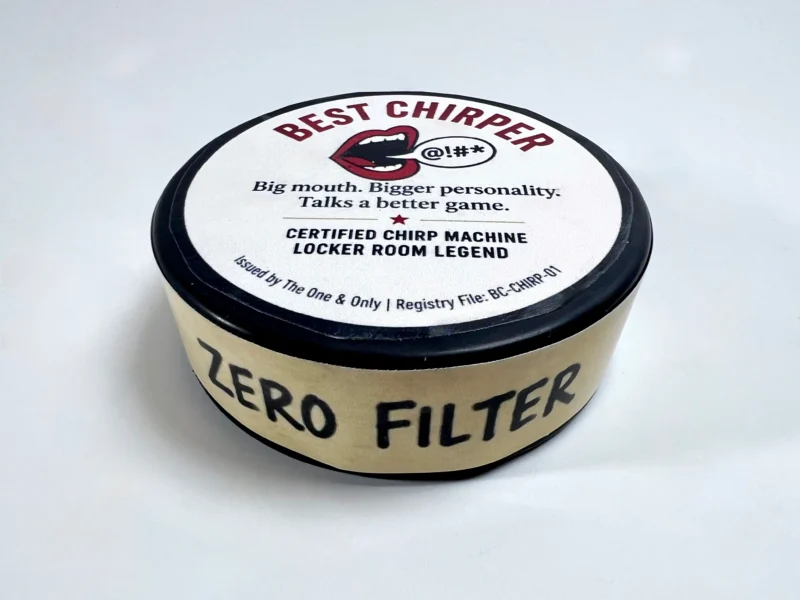 Personalized Best Chirper hockey puck award with custom side message for hockey teammates, coaches, and beer league awards.