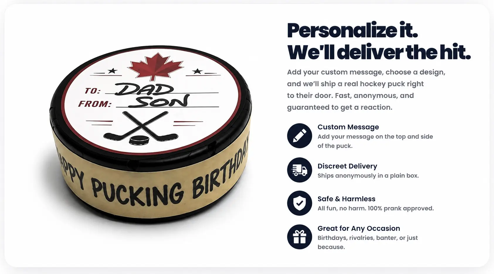 Personalized To and From hockey puck gift with Happy Pucking Birthday side message.