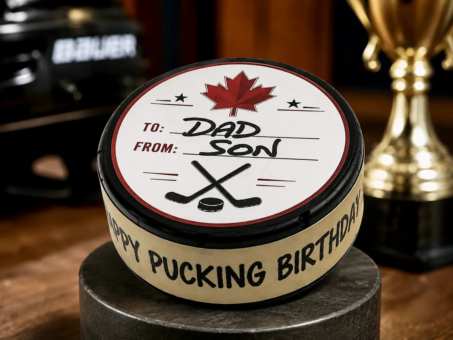 Custom hockey puck with To and From design and personalized side message