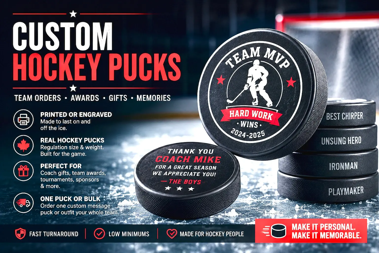 Custom hockey puck ideas for player awards, coach gifts and team keepsakes