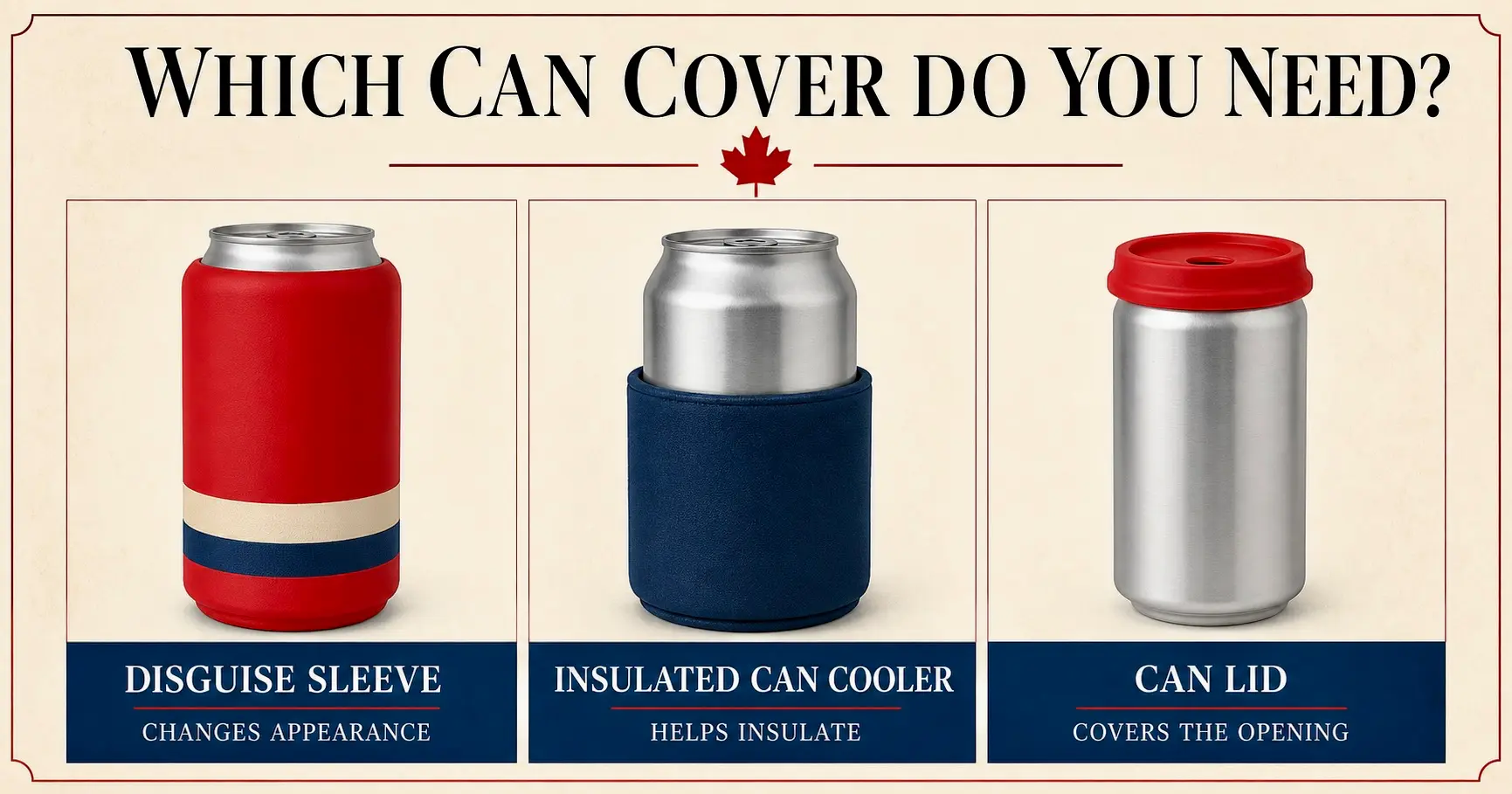 Side by side comparison of a beer can disguise sleeve, insulated can cooler and beverage can lid