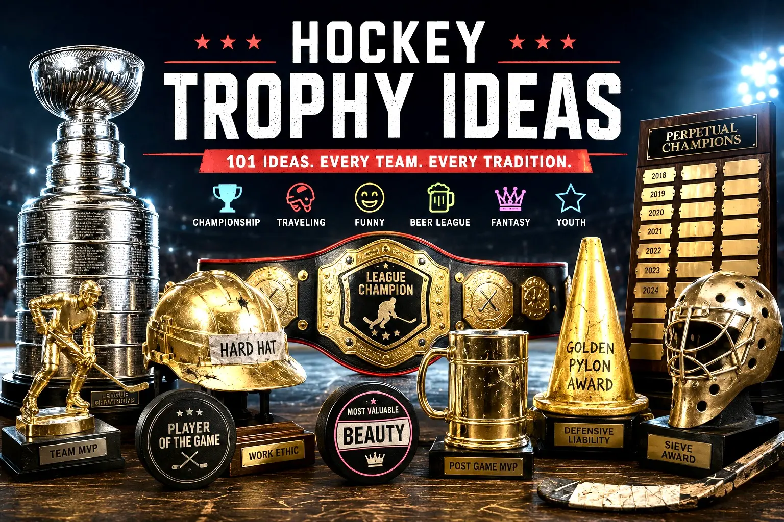 Hockey trophy ideas including traveling trophies, custom hockey pucks, beer league awards, championship belts, and funny team traditions.