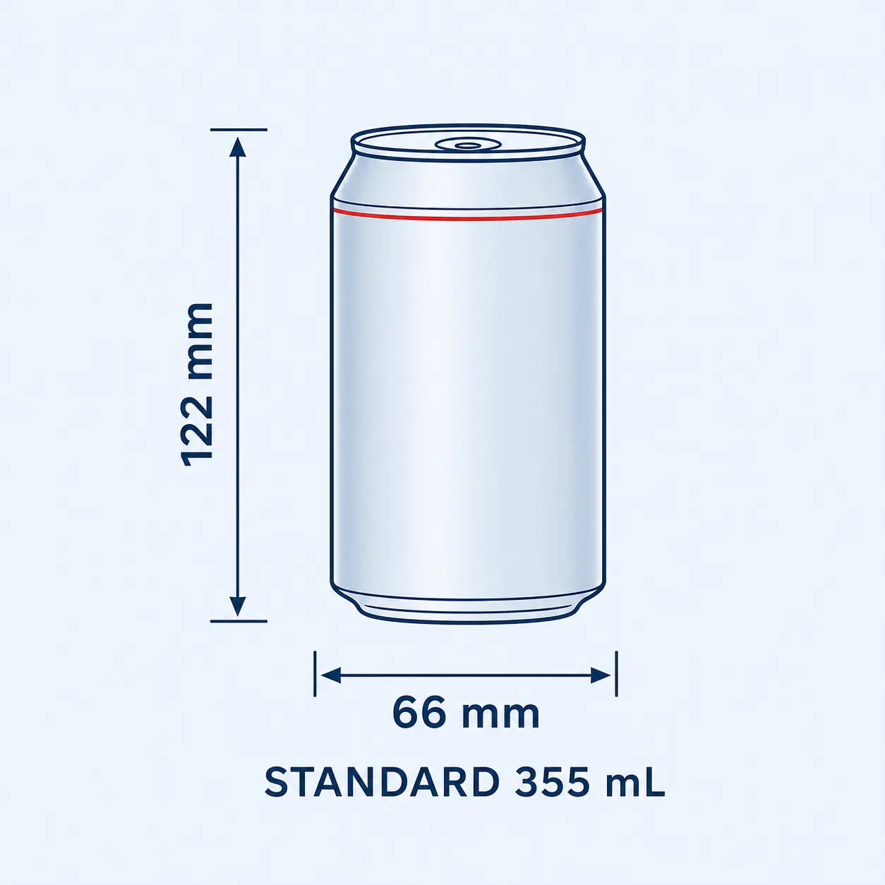 Standard 355 mL beverage can measuring approximately 122 mm high and 66 mm wide