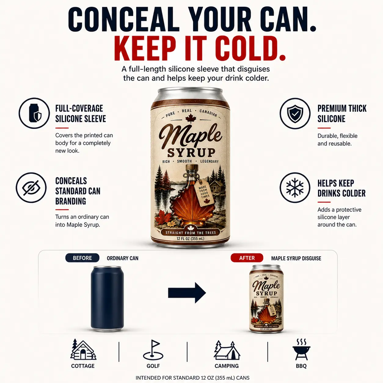 Beer can sleeve explainer showing full coverage, concealed branding and a before-and-after example