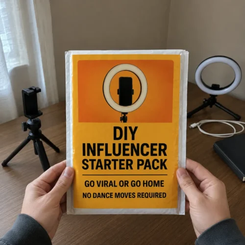 Person holding a DIY Influencer Starter Pack prank mailer at a home office desk