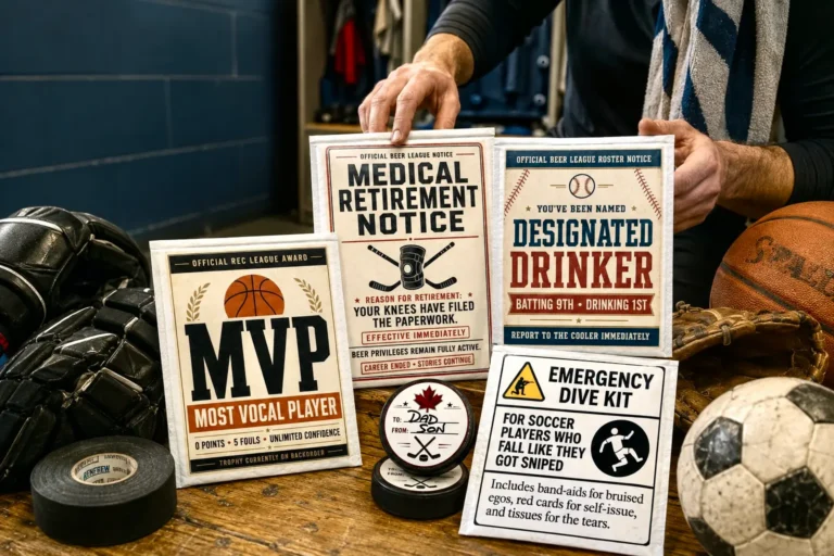 A man holding funny sports themed signs, including a Medical Retirement Notice and Designated Drinker award, surrounded by sports equipment.