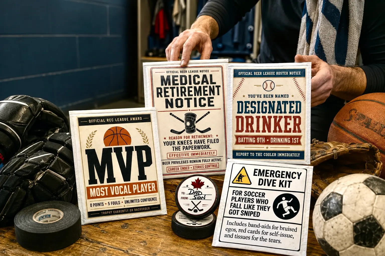 Funny sports joke signs and prank gifts for hockey players, golfers and sports dads