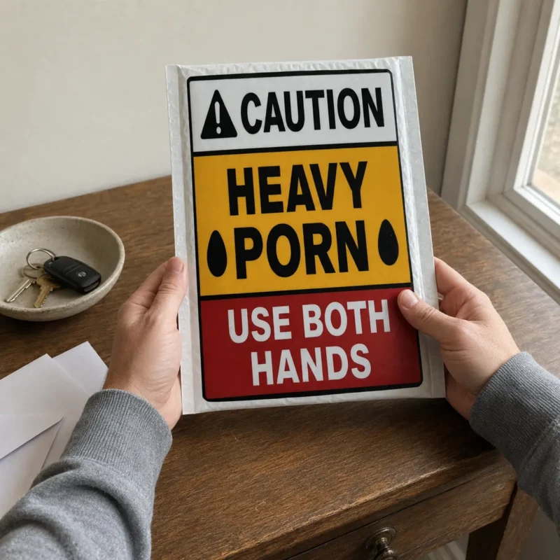 Person holding a Caution Heavy Porn Use Both Hands prank mailer at home