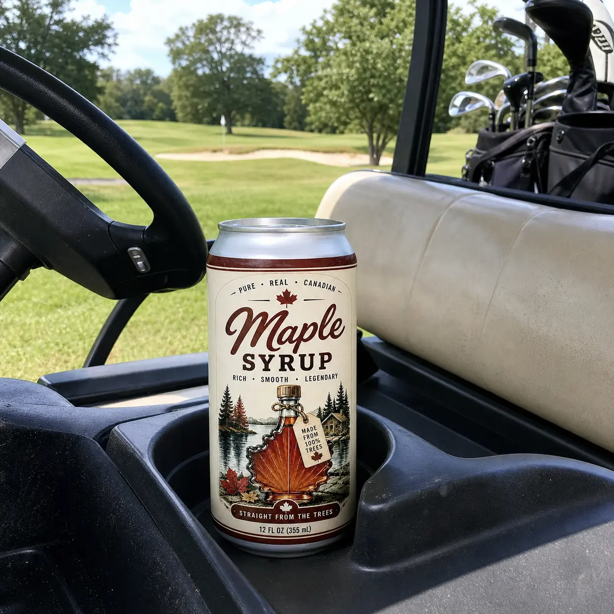 Maple Syrup silicone beer can cooler in a golf cart