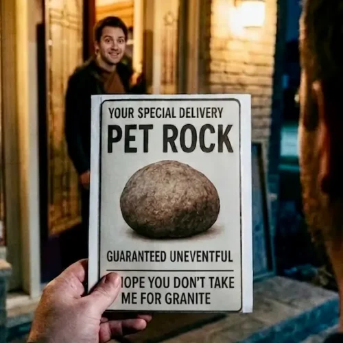 First person perspective holding a "Pet Rock - Guaranteed Uneventful" card on a porch with a man smiling in the doorway.