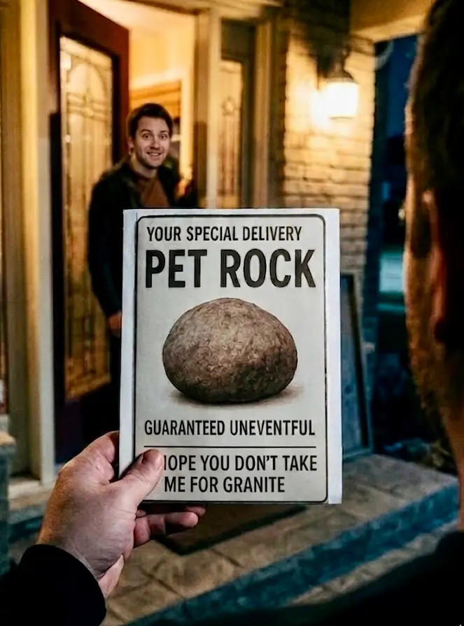 First person perspective holding a "Pet Rock - Guaranteed Uneventful" card on a porch with a man smiling in the doorway.