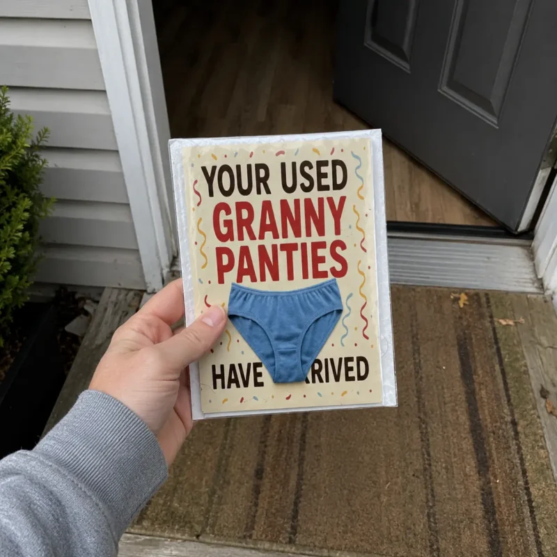 Used Granny Panties Prank Mail Delivery Person holding a Your Used Granny Panties Have Arrived prank mailer at a front door