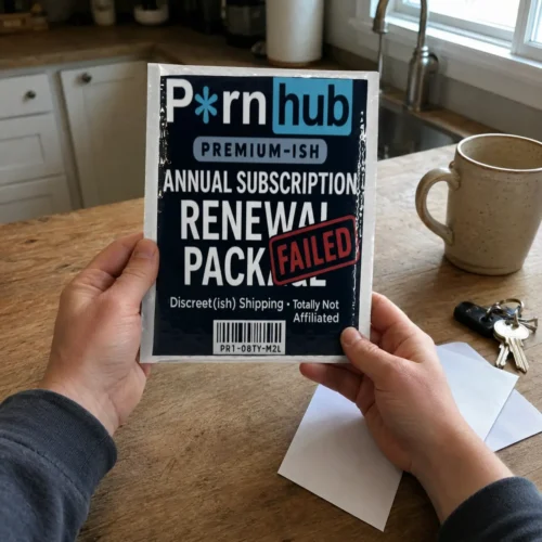 Person holding a fake adult subscription renewal failed prank mailer
