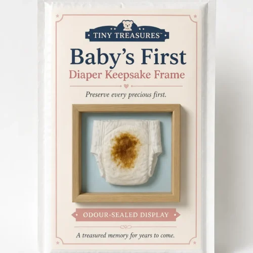 Baby’s First Diaper Keepsake Frame Prank Gift Baby’s First Diaper Keepsake Frame novelty package featuring a stained diaper inside an odour sealed wooden display frame.